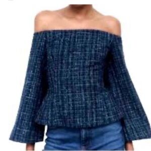 Brand new tweed off shoulder navy blue Zara blouse shirt evening outfit top